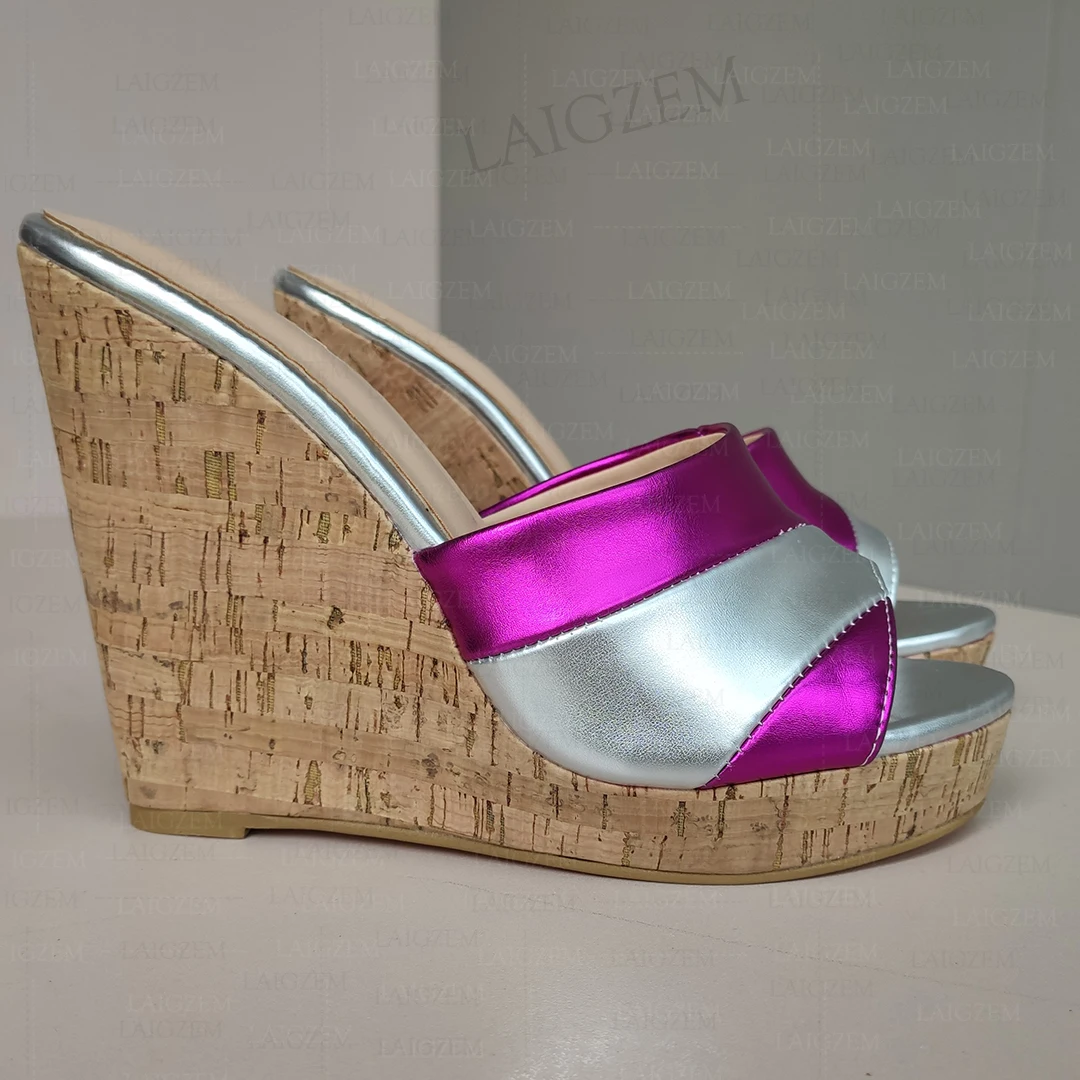 LAIGZEM Frauen Plattform Keile Pumps Patchwork Slip Auf Maultiere 13 CM High Heels Sandalen Rutschen Schuhe Frau Große Größe 39 41 43 45 48