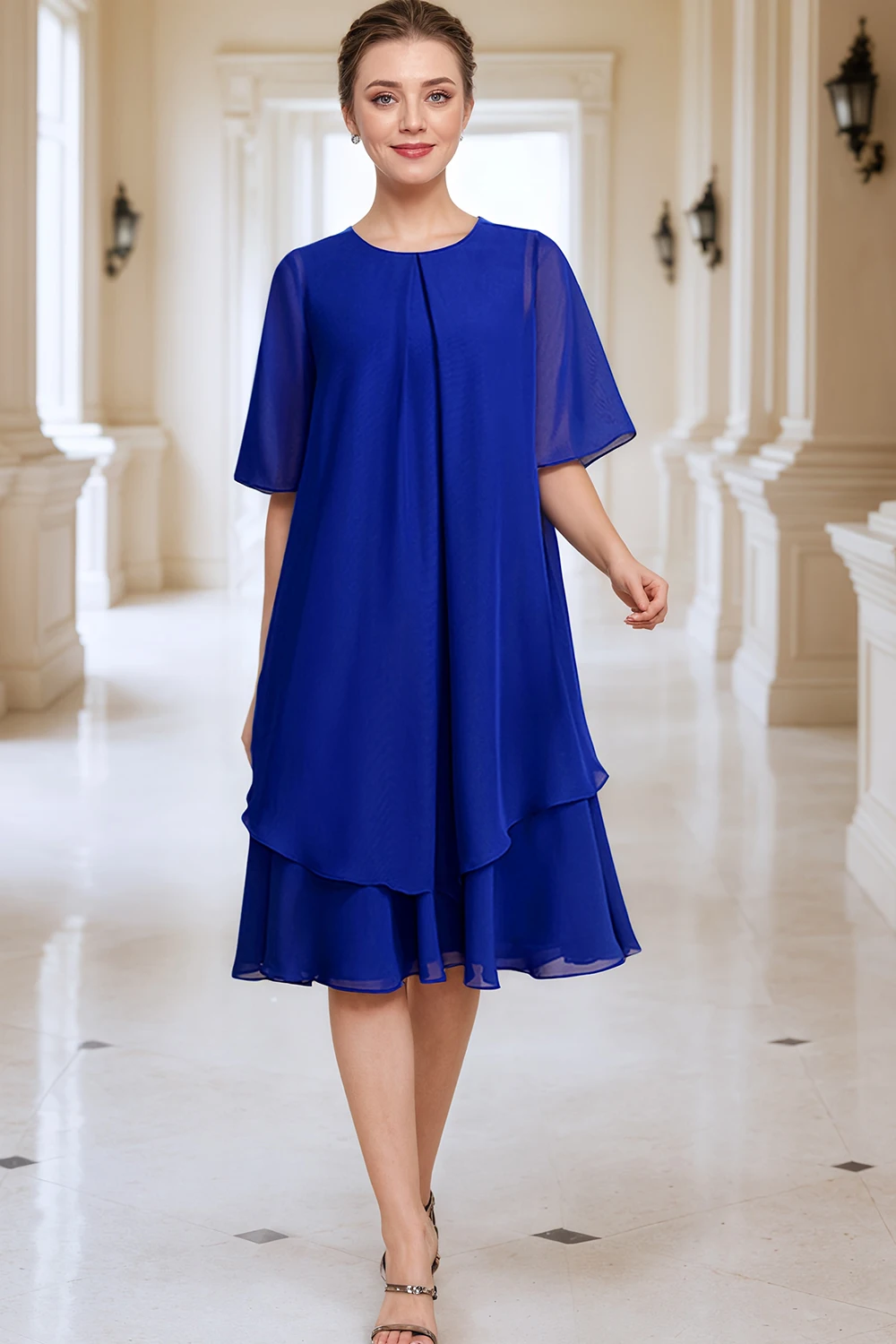 Femmes en mousseline de soie grande taille robe demi manches col rond solide bleu plissé a-ligne pure décontracté faux deux pièces robes mi-longues été
