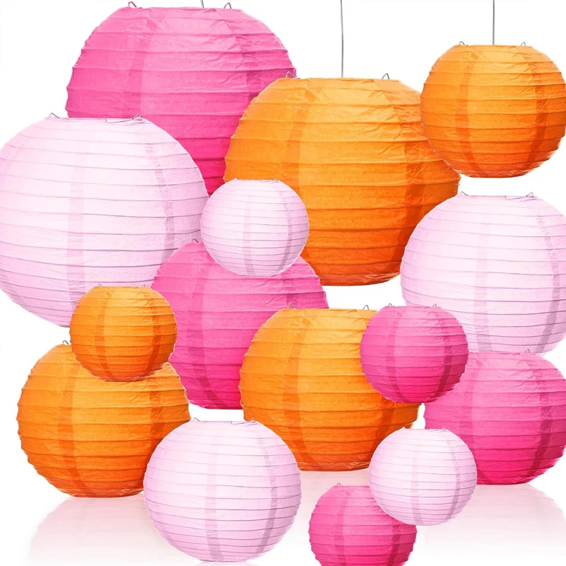 16 Stück rosa und orange Papierlaternen zum Aufhängen, Sonnenuntergang, Geburtstagsparty-Dekoration, gemischte Größe, 10,24 cm, 20,40 cm, 25,48 cm, 15,48 cm, bunte chinesische Hängepapierlaterne,