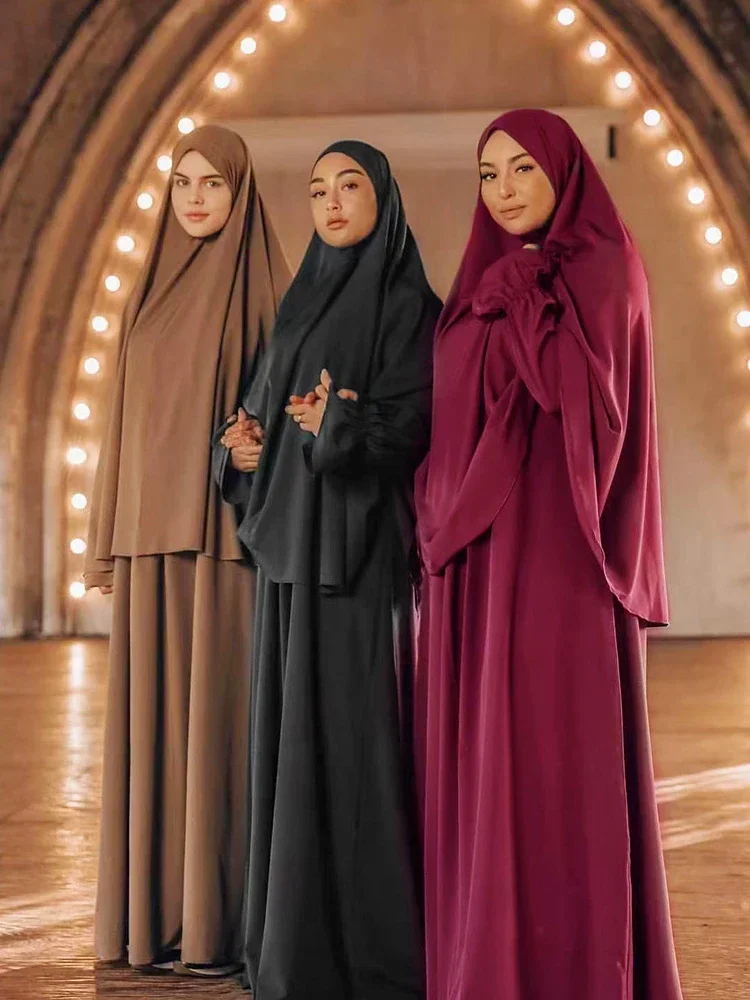 Eid Kapuzen-Set für muslimische Frauen, langes Khimar-Hijab-Kleid-Set, 2-teilig, Gebetskleidungsstück, Abaya, Ramadan-Kleid, Kleid-Sets, islamisches Niqab jilbab Image