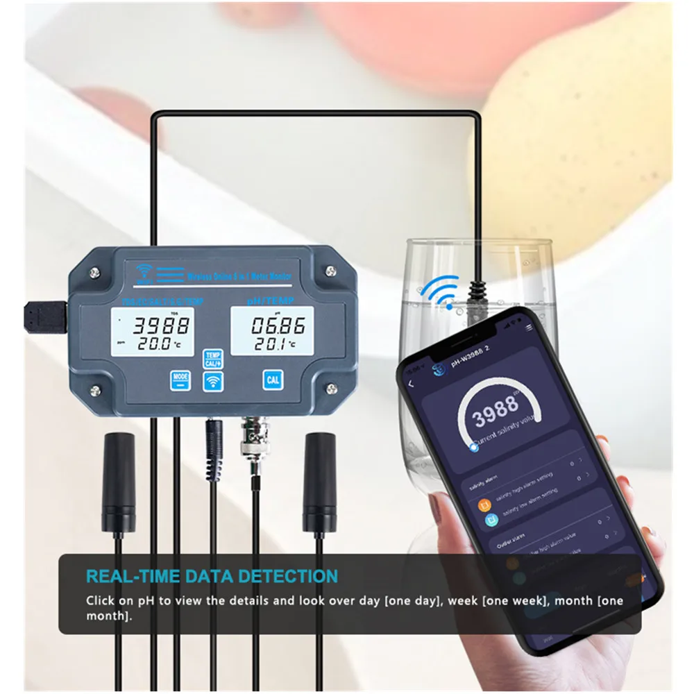 6-in-1-WLAN-Digital-Wasserqualitätsmonitor PH EC TDS SALZ S.G Temp Meter Multifunktions-Smart-Analysator Online-Tester APP-Steuerung Image
