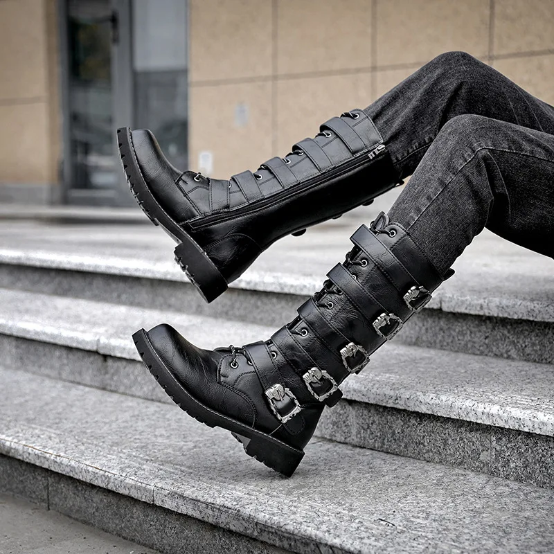 Herren Punk Gothic Biker Stiefel Hoher Geschirr Schnalle Seitlicher Reißverschluss Reitstiefel für Cosplay Kostüm Leistung Bequem Schwarz