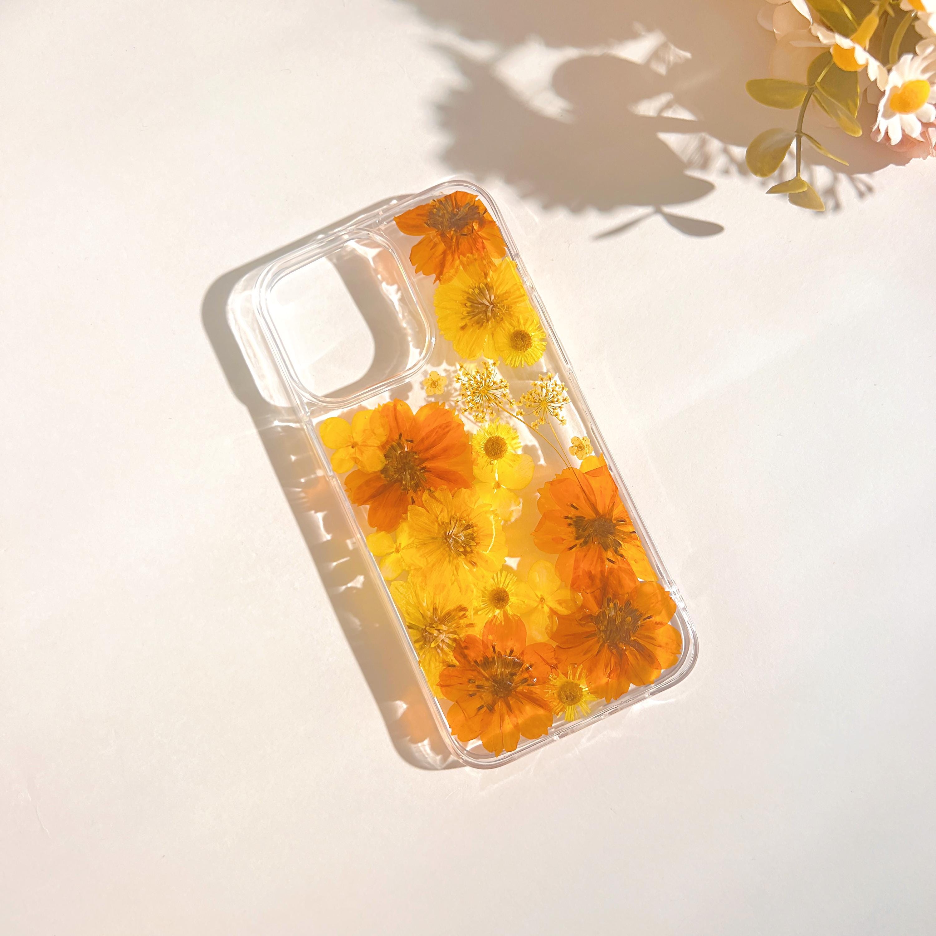 Cover trasparente per telefono con veri fiori pressati arancioni, compatibile con iPhone 17, Air, 16, E, 15, 14, 13, 12, 11 ProMax, Plus e Samsung Gal
