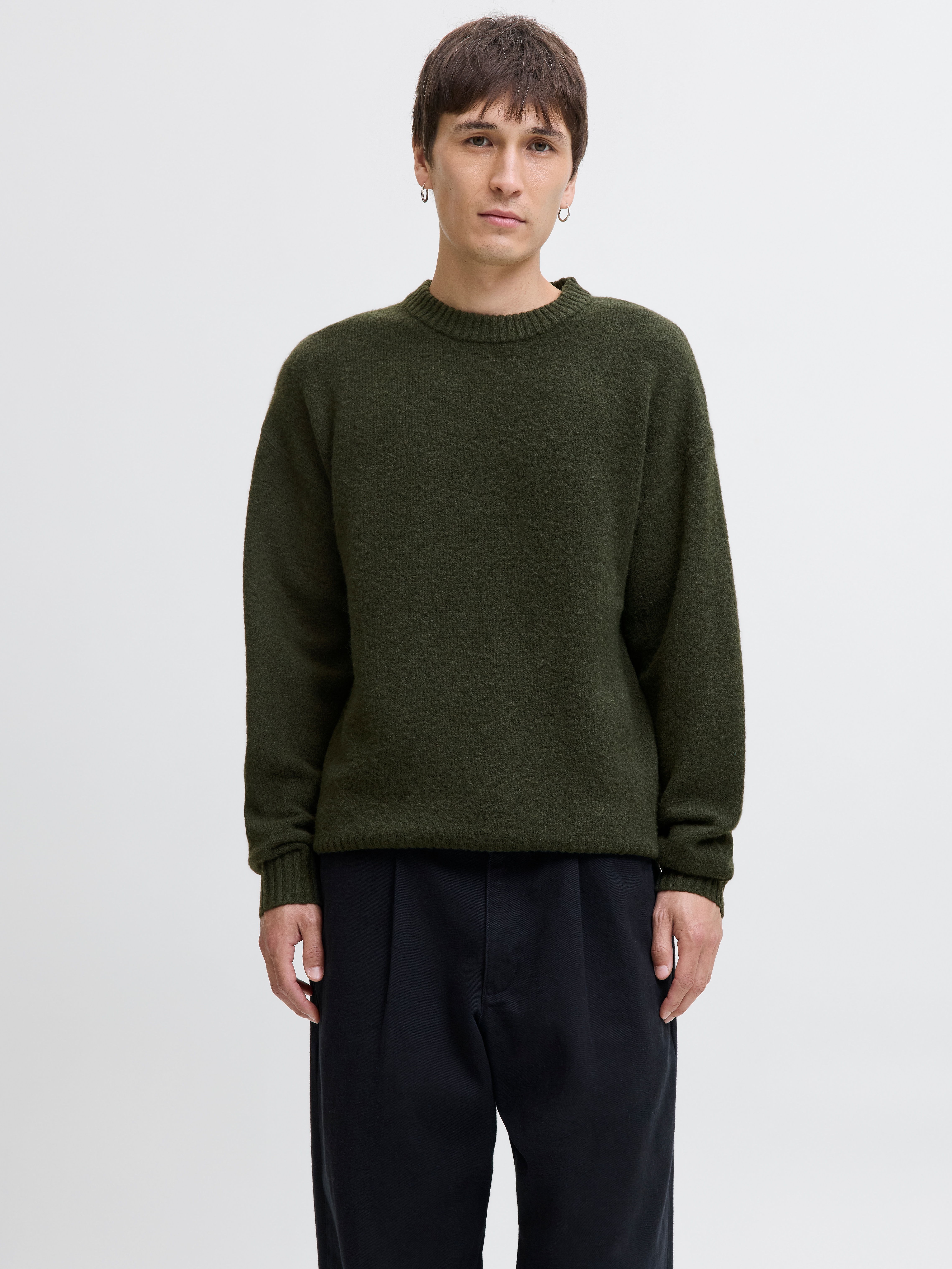 Strickpullover JACK & JONES "JJESOHO OLLIE KNIT CREW NECK SN", Damen, Gr. XS, bunt (duffel bag), Strick, Obermaterial: 51% Polyester, 41% Polyacryl, 5% Wolle, 3% Elasthan, unifarben, relaxed fit normal, Rundhals, Rippbündchen, Pullover Strickpullover