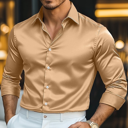 Homme Chemise Chemise en satin Chemise habillée Chemise Décontractée Chemise Boutonnée Chemise de Bal Uni Affaires Vacances Bleu Ciel Noir Bleu Roi Dorée manche longue Revers Toutes saisons Vêtement