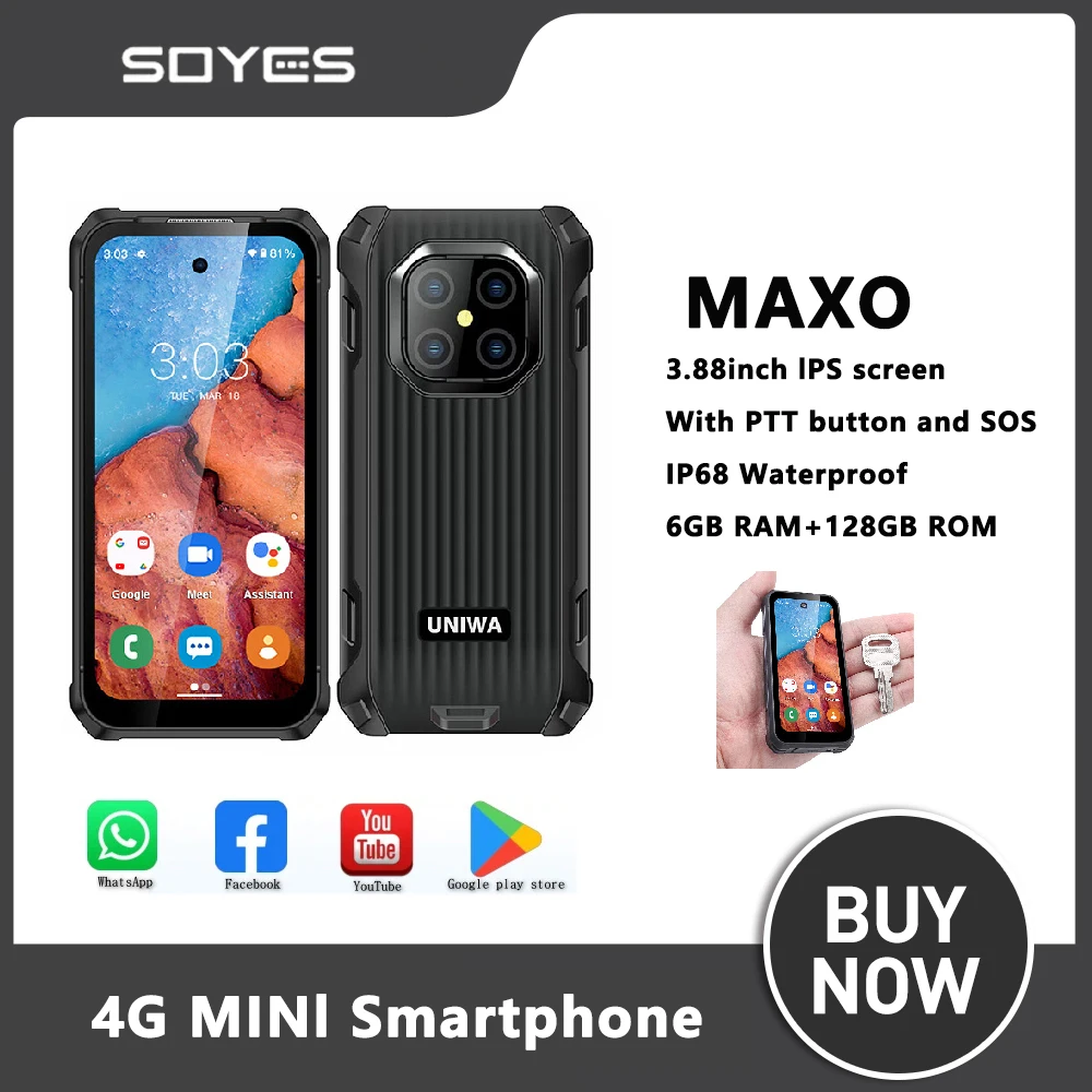 SOYES MAXO Smartphone robuste 6GB + 128GB 3.88 pouces Octa Core Android 12 double cartes 4G téléphone portable 3000mAh MINI smartphone