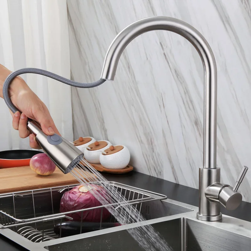 Robinet de cuisine pivotant à 360 degrés, bec extractible à trou unique, mitigeur d'évier de cuisine, robinet de cuisine brossé en acier inoxydable 304