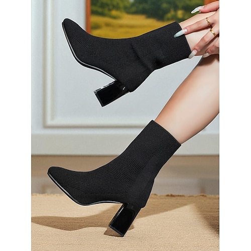 Schwarze Strick-Socken-Modestiefel für Damen – Stretch-Stiefeletten mit Blockabsatz für Herbst-Winter-Streetwear und lässige Outfits Image