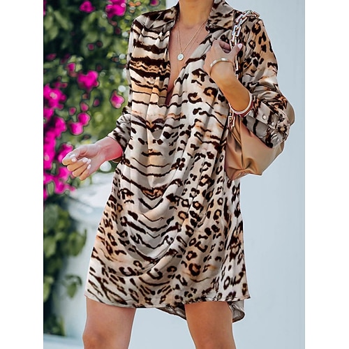 Damen Minikleid Shiftkleid Lässig Täglich Lässiger Schnitt Ombre Leopard Langarm U-Boot-Ausschnitt Rosa Braun Frühling Herbst Image