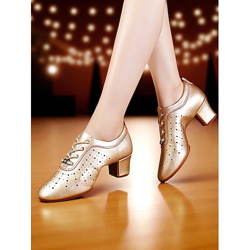 Goldene Damen-Tanzschuhe zum Schnüren – bequeme Jazz- und Ballsaal-Übungsschuhe mit niedrigem Blockabsatz für Auftritte und Training Image