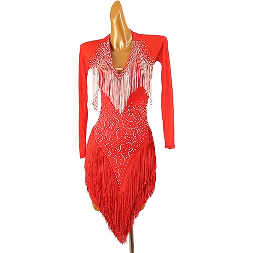 Damen Latein-Wettbewerbstanzkleid Ballsaal-Outfits Quaste Langarm-Salsa-Ballsaal-Kostüm glänzendes Kleid für Rumba Image