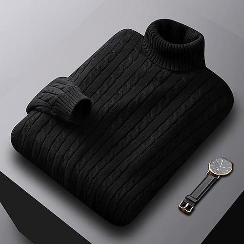 Herren Pullover Gerippt Zopfmuster Stricken Normale Oberteile Gestrickt Schmale Passform Einfach Rollkragen Strickware Zeitgenössisch Lässig Alltagskleidung Bekleidung Herbst Winter Schwarz Weiß L XL