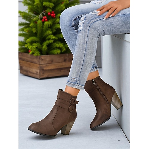 Burgunderrote Stiefeletten für Damen – Stiefeletten aus Wildlederimitat mit Blockabsatz, Reißverschluss und Riemendetail für Freizeitkleidung und Herbstoutfits Image