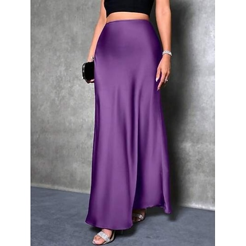 Damen Satinröcke Elegant Mode Maxi Hohe Taille Röcke Einfach Mikroelastisch Party Straße Blau Wein Dunkelgrün Purpur Frühling Image