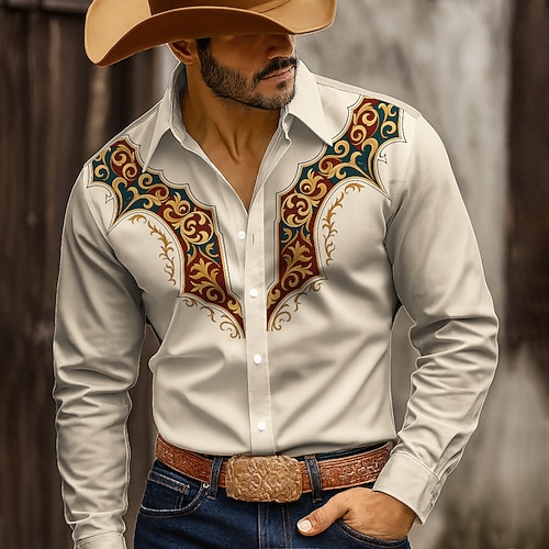 Herren Blumendruck Hemd Knopfhemd Cowboy-Shirt Langarm Westernstil Outdoor Lässig Arbeitskleidung Frühling Herbst Umlegekragen 3D-Druck Hemden mit Kragen Blau Grün Beige Image