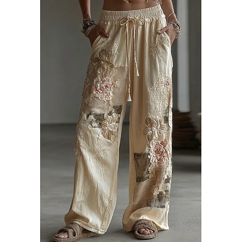 Damen Leinenähnliche Culottes Weite Beinhosen Weite Beinhosen Urlaub Vintage Ethnischer Stil Voll Länge Hohe Taille Floral Graphic Schnelltrocknend Atmungsaktiv Weich Unelastisch Lässig Outdoor Image