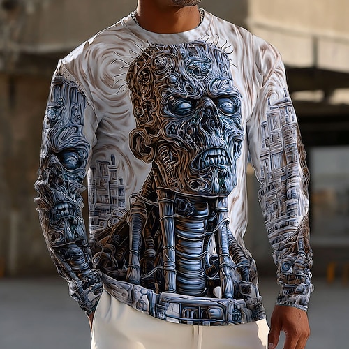 Herren Optische Täuschung Zombies 3D T Shirt Langarm T-Shirt 3D-Druck Rundhalsausschnitt Hemd Mode Übertrieben Straße Lässig Täglich Blau Grün Grau Sommer Frühling Herbst Bekleidung S M L XL XXL XXXL Image