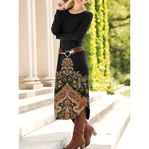 Damen Maxikleid Shiftkleid Etui-Kleid Party Lässig Boho Täglich Party Hochzeitsgast Normale Passform Blumen Grafik Paisley-Muster Langarm Rundhalsausschnitt Schwarz Braun Grün Frühling Herbst Winter Image