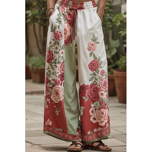 Damen Leinenähnliche Culottes Weite Beinhosen Weite Beinhosen Urlaub Vintage Ethnischer Stil Voll Länge Hohe Taille Floral Graphic Schnelltrocknend Atmungsaktiv Weich Unelastisch Lässig Outdoor Image