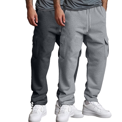 Herren Cargo-Jogginghose Fleecehose Jogginghose Hose Gerade geschnittene Sweatpants Kordelzug Elastischer Bund Mehrere Taschen Einfarbig Warm Feuchtigkeitsableitend Volle Länge Lässig Täglich Laufen Image