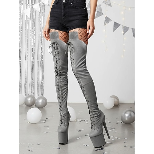 Damen-Overknee-Stiefel mit Plateausohle und Schnürung – Overknee-Stiefel mit hohem Absatz für Pole Dance für das Nachtleben und Partys Image
