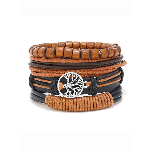 Mehrlagiges Armbandset aus echtem Leder für Herren – Manschettenarmband mit Lebensbaum-Perlen im Boho-Stil für Freizeit, Party und Reisen Image