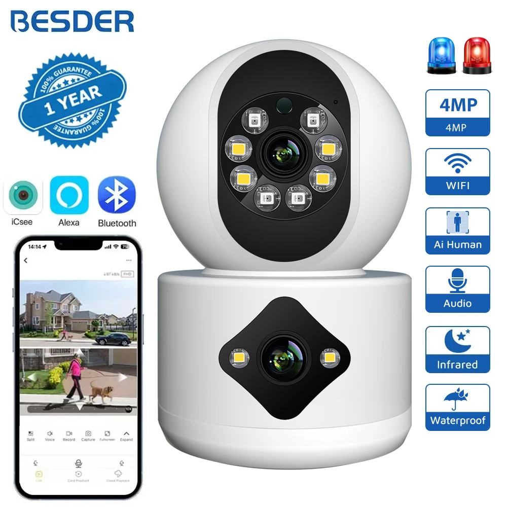 BESDER 4MP WiFi-Kamera mit zwei Bildschirmen, Babyphone, Nachtsicht, für den Innenbereich, Mini-PTZ-Sicherheits-IP-Kamera, CCTV-Überwachungskameras Image