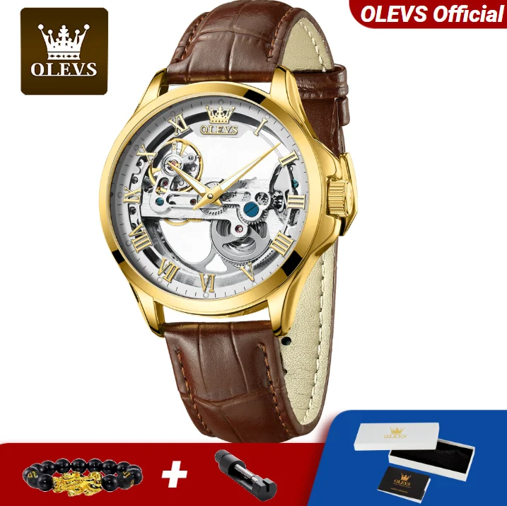 OLEVS 6661 Skeleton Hollow Uhr für Herren, wasserdicht, Original-Lederarmband, Business-Herrenuhr, automatische mechanische Uhr Image
