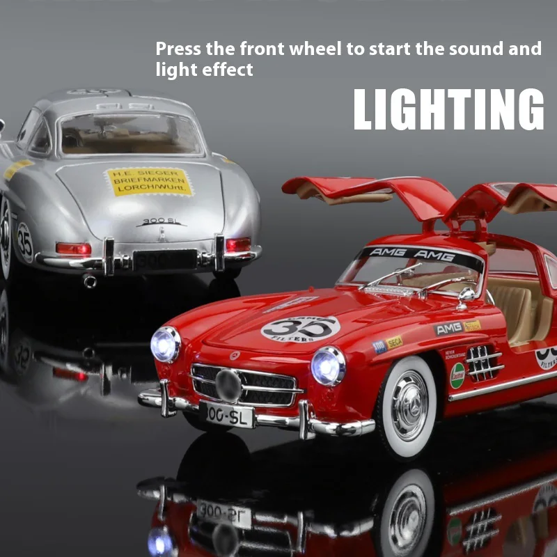 1:24 Retro 300SL lackiertes Legierungsmodellspielzeug, simulierter Ton und Licht, exquisite Desktop-Ornamente, Weihnachtsgeschenke Image