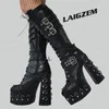 ZHIMA Frauen Kniehohe Stiefel Plattform Schnalle Riemen Zip Up Dicke High Heels Stiefel Punk Gothic Schuhe Frau Plus Größe 34 41 45 52