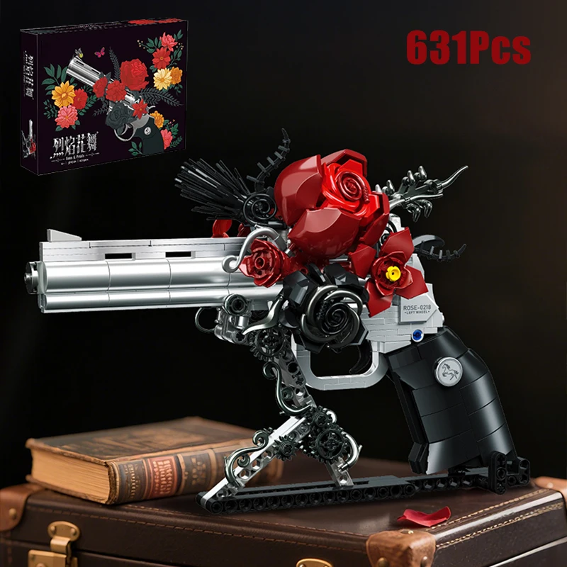 Technische Mechanische Rose Revolver Pistole Pistole Bausteine Militär Rote Blume Blütenblatt Pistole MOC Ziegel Montieren Spielzeug Kinder Geschenk Image