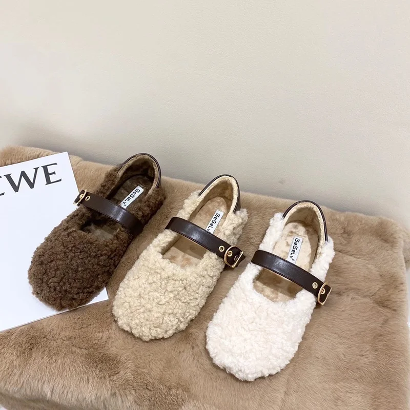 Designer Vintage Frauen Pelz Wohnungen Schuhe Mode Flache Gürtel Schnalle Schuhe Frühling Herbst Damen Elegante Warm Halten Schuhe