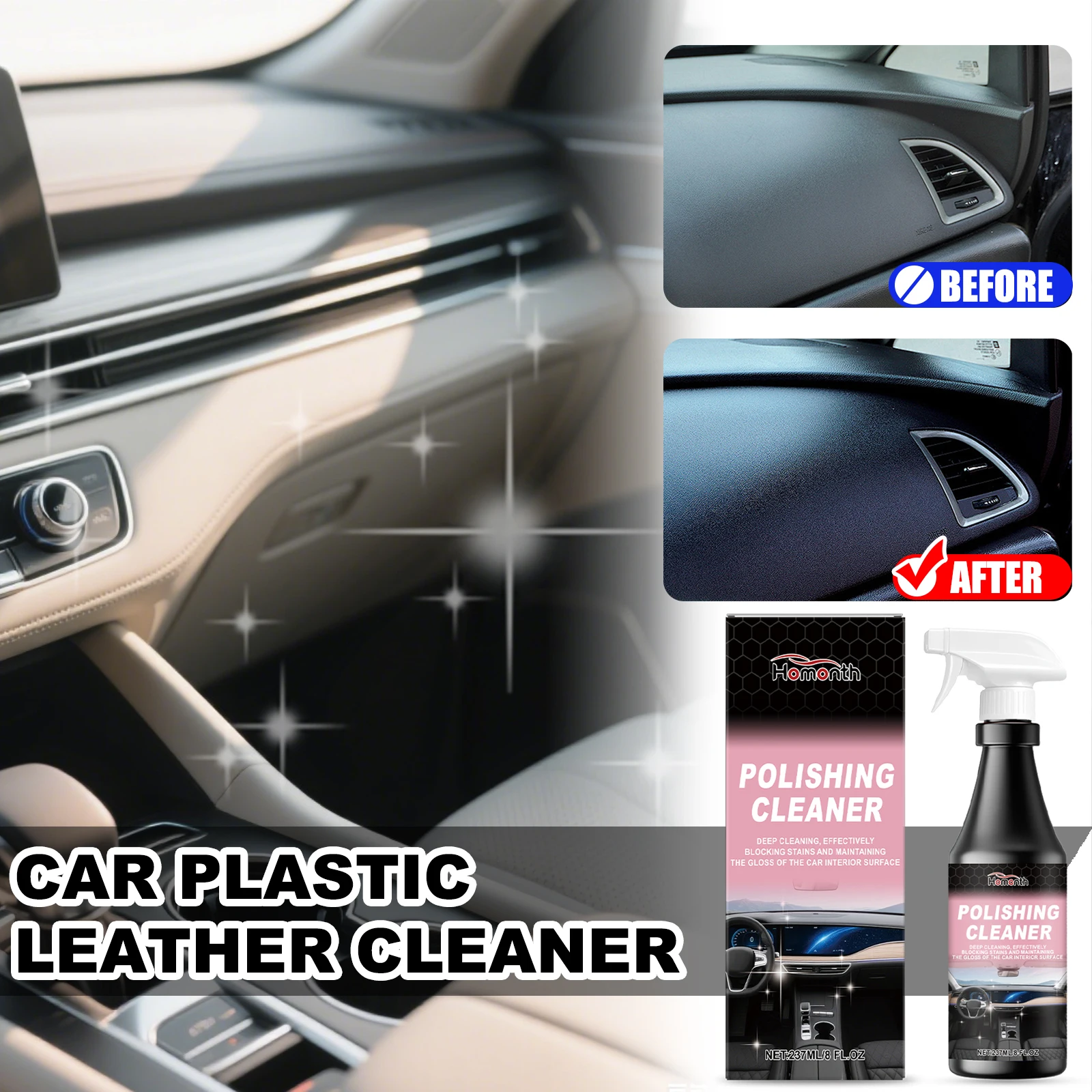 HOMONTH Auto-Kunststoff-Lederreiniger, 237 ml, Upgrade-Kapazität, Auto-Innenraum-Poliermittel, entfernt tief Schmutz und Fett, stellt den Glanz wieder her Image