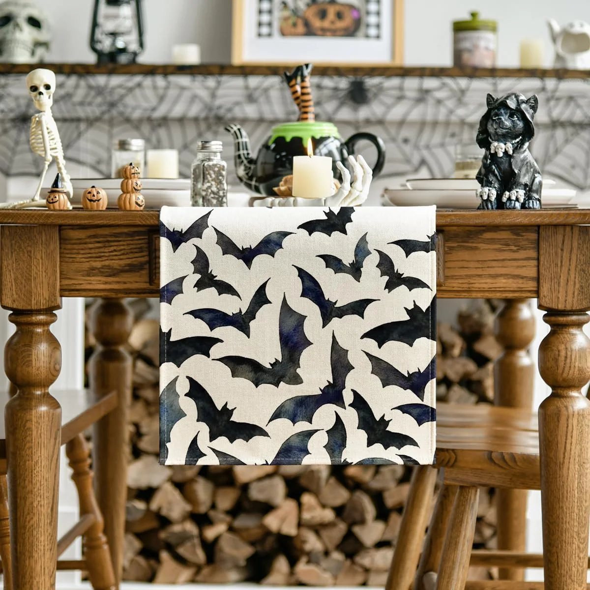 VIKAMA Silhouette Schwarz-Weiß-Fledermaus-Halloween-Tischläufer, Küche, Esstisch, Dekoration für Zuhause, Partys Image