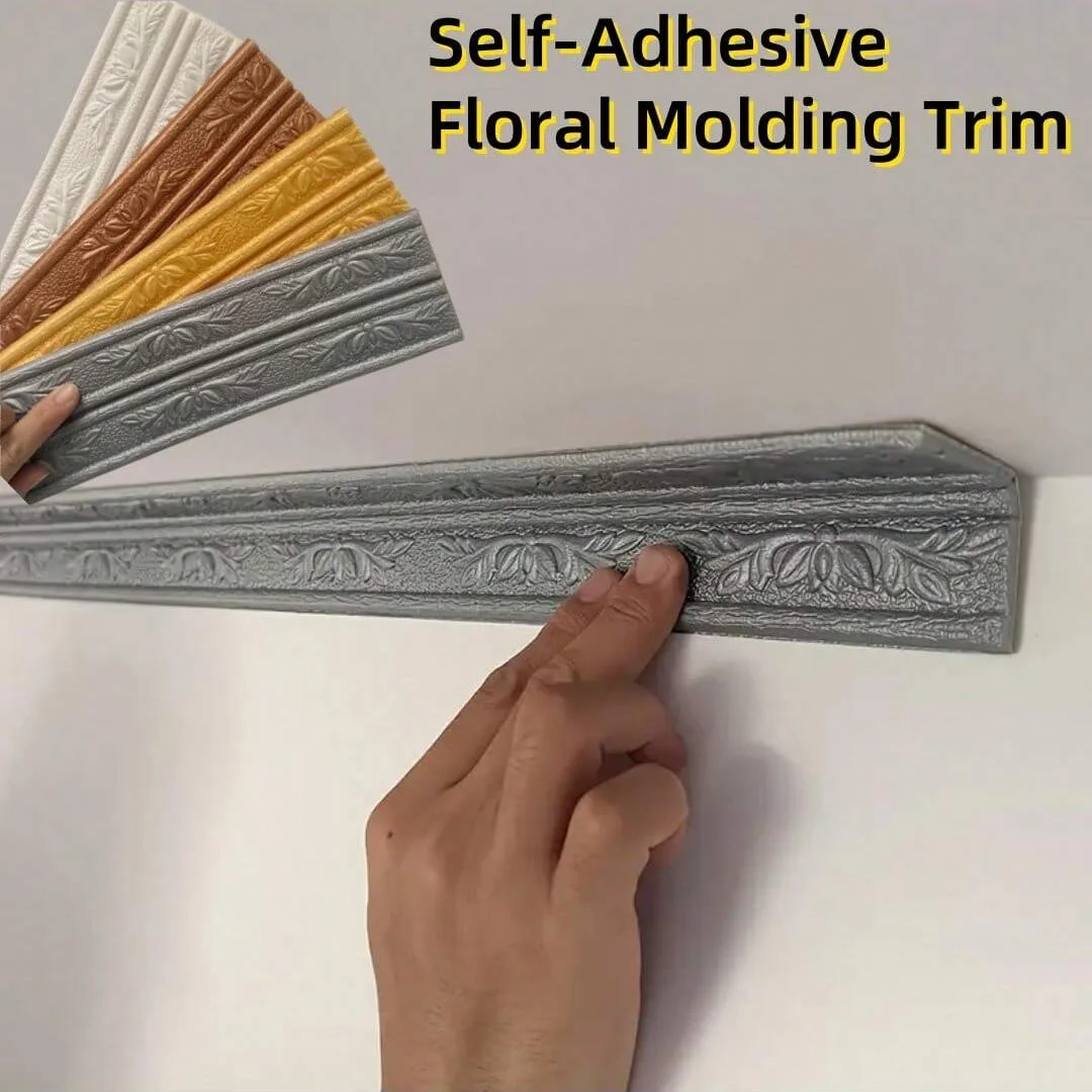 1 x 2,3 m x 8 cm, einfach zu installierende, selbstklebende Fußleisten-Formverkleidung – Blumenmuster, ideal für DIY-Heimdekoration, Wandschutz Image