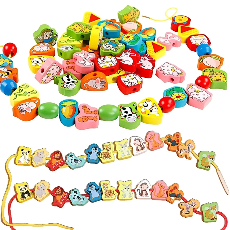 26Pcs Holz Spielzeug Kinder Montessori Pädagogisches DIY Bespannen Threading Spielzeug Tier Obst Zahlen Kinder Geburtstag Geschenke TMZ Image