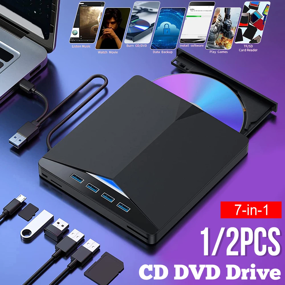 1/2PCS 7-in-1 CD DVD Laufwerk Tragbare USB Externe Optische Disks Laufwerke SD/TF Karte DVD/CD Disk Brenner Reader Player Für Laptop PC Image