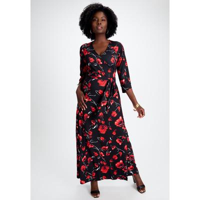 Plus Size Women's Stretch Knit Faux Wrap Maxi Dress by The London Collection in Black Red Poppies (Size 22 W)