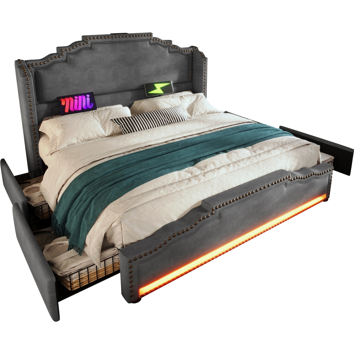 OKWISH Polsterbett Samt Velours mit LED Licht USB Type-C Anschlüssen Matratze 620 Federn Vintage Kopfteil Schubladen Stauraum robustes Design 160x200 Grau Image