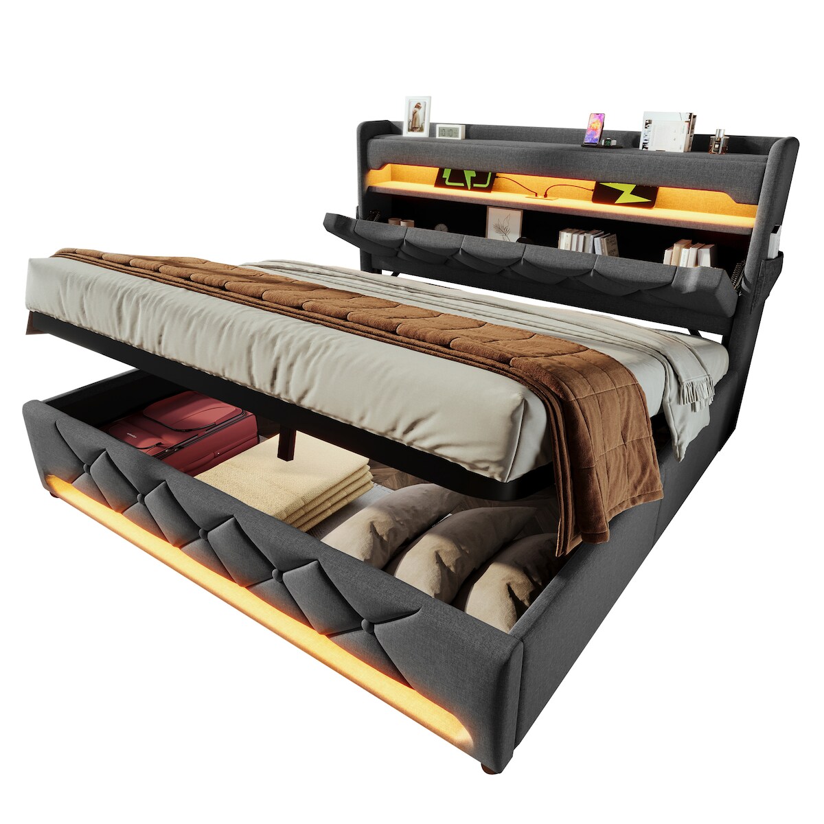 OKWISH Luxus Polsterbett mit LED-Beleuchtung, Stauraum, USB-Ladefunktion, komfortable Matratze, modernes Design 140x200 Grau Image