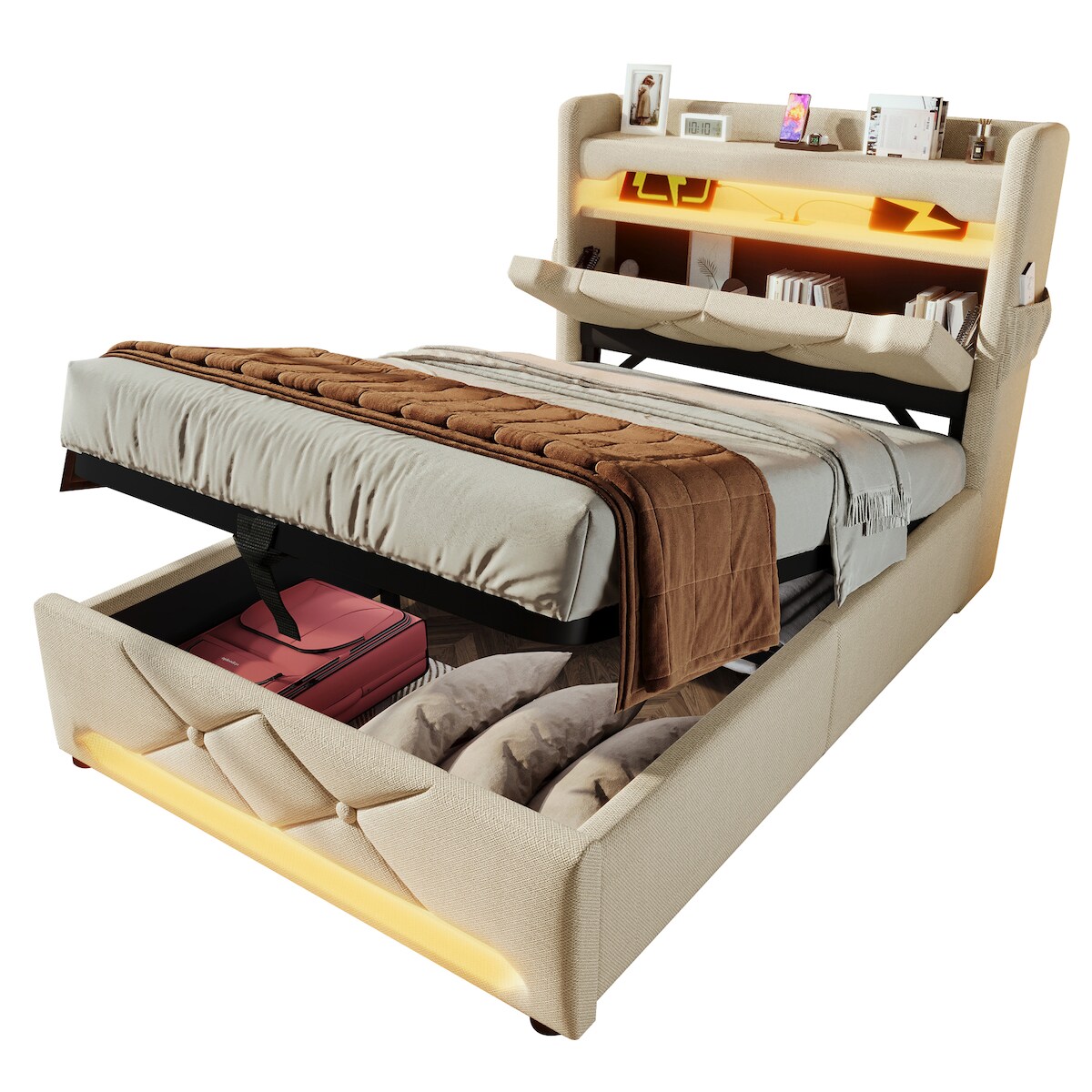 OKWISH Modernes Polsterbett 200x90 mit LED Beleuchtung, hydraulischem Stauraum, stabilem Metallrahmen, USB & USB-C Ladeanschlüssen, Stoffbezug Beige Image