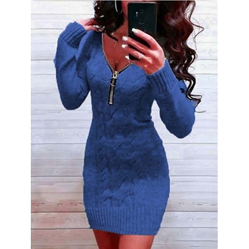 Per donna Felpa Abito maglione Casual Morbido Colore Puro A Coste Scollo a V Cerniera Lavorato a maglia Manica Lunga Top lunghi Maglia All'aperto Feste Quotidiano Vino Verde militare Autunno Inverno