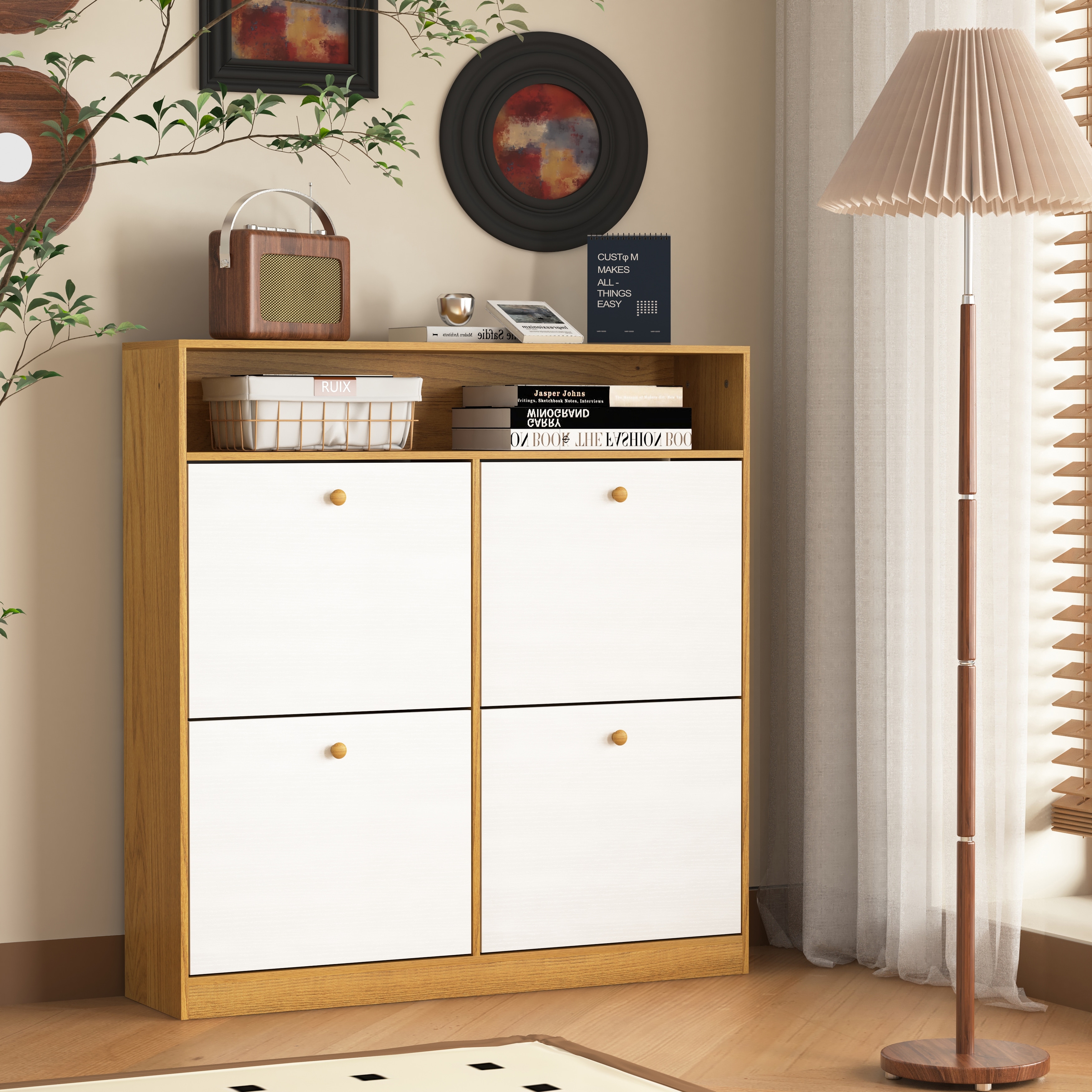 Shoe Storage Cabinet with 4 Flip Drawers , Shoe Rack Organizer Cabinet with wooden handle Freestanding Shoe Cabinet Storage