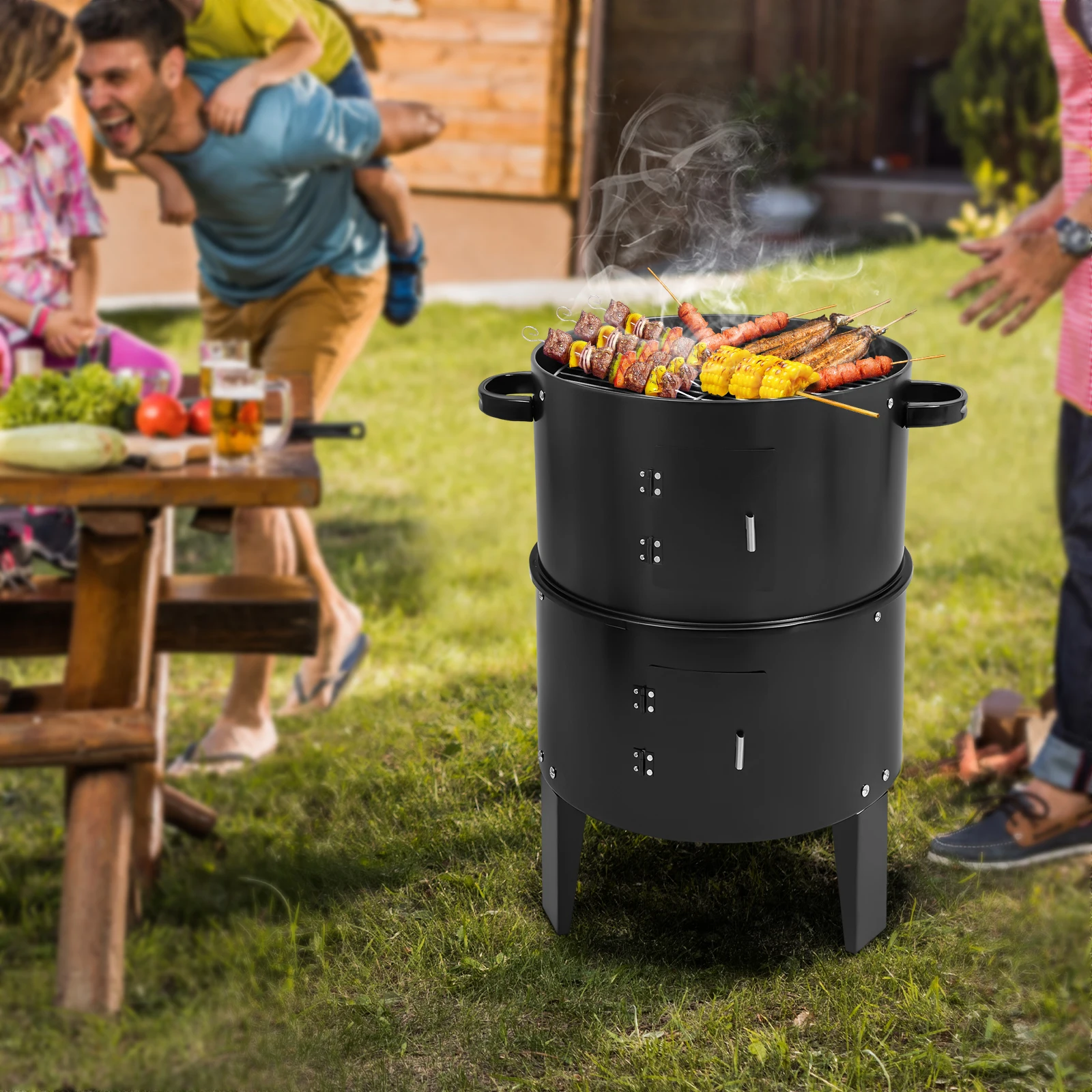 Grills de barbecue Gril de barbecue au charbon de bois Gril de fumeur de barbecue rond Camping foyer Gril de barbecue portable pour utilisation en extérieur