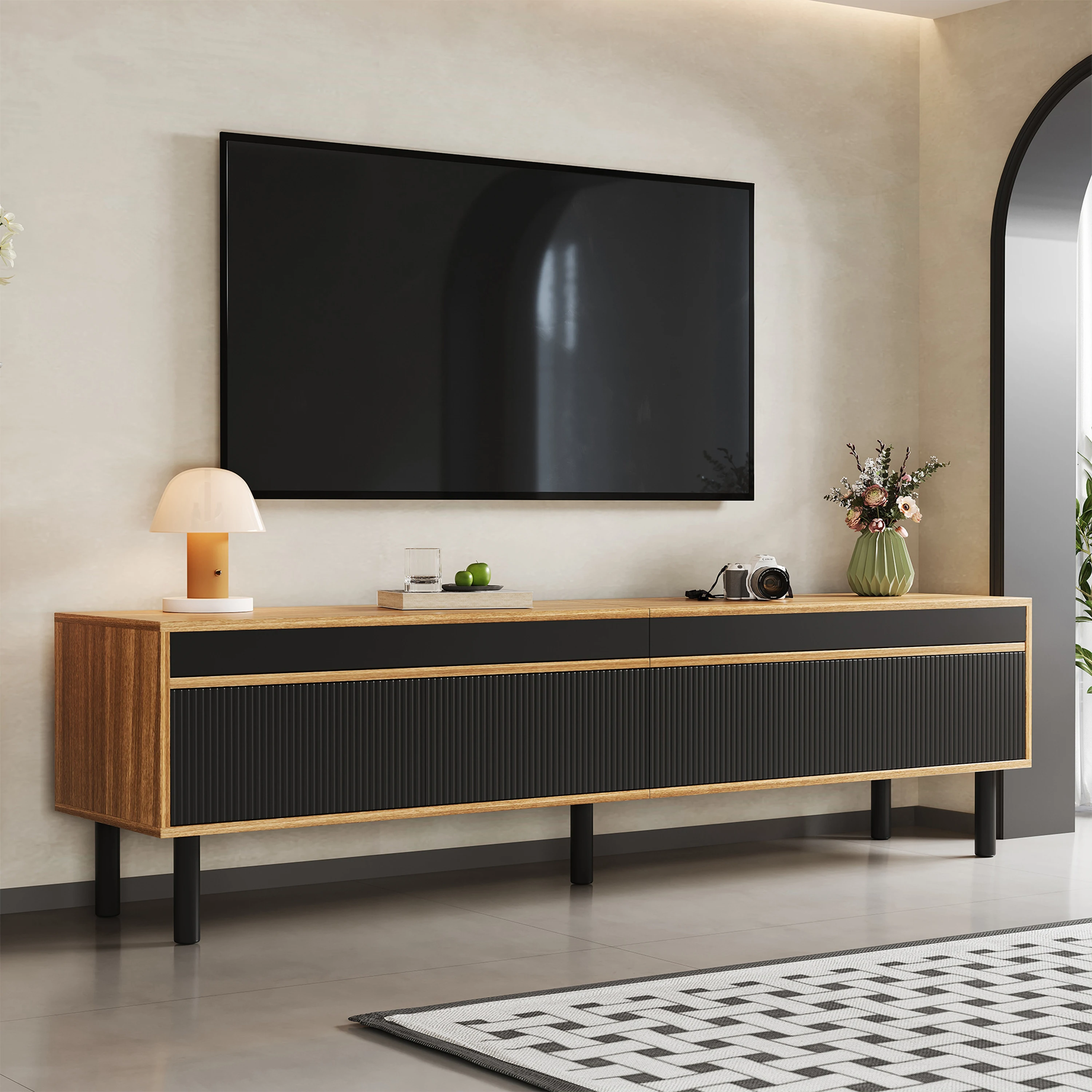 Meuble TV, meuble TV, panneau TV, meuble base à trois portes. Texture fine. Disponible en bois noir et naturel. 47*170*37cm