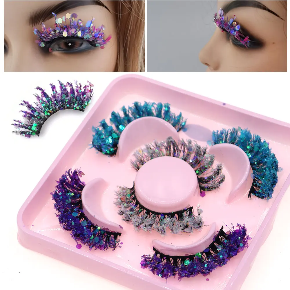 3 Paar Halloween-Stil, verträumte Pailletten, glitzernde falsche Wimpern, ganze Streifen, flauschige DIY-Wimpern, Cosplay, Bühnen- und Augen-Make-up Image