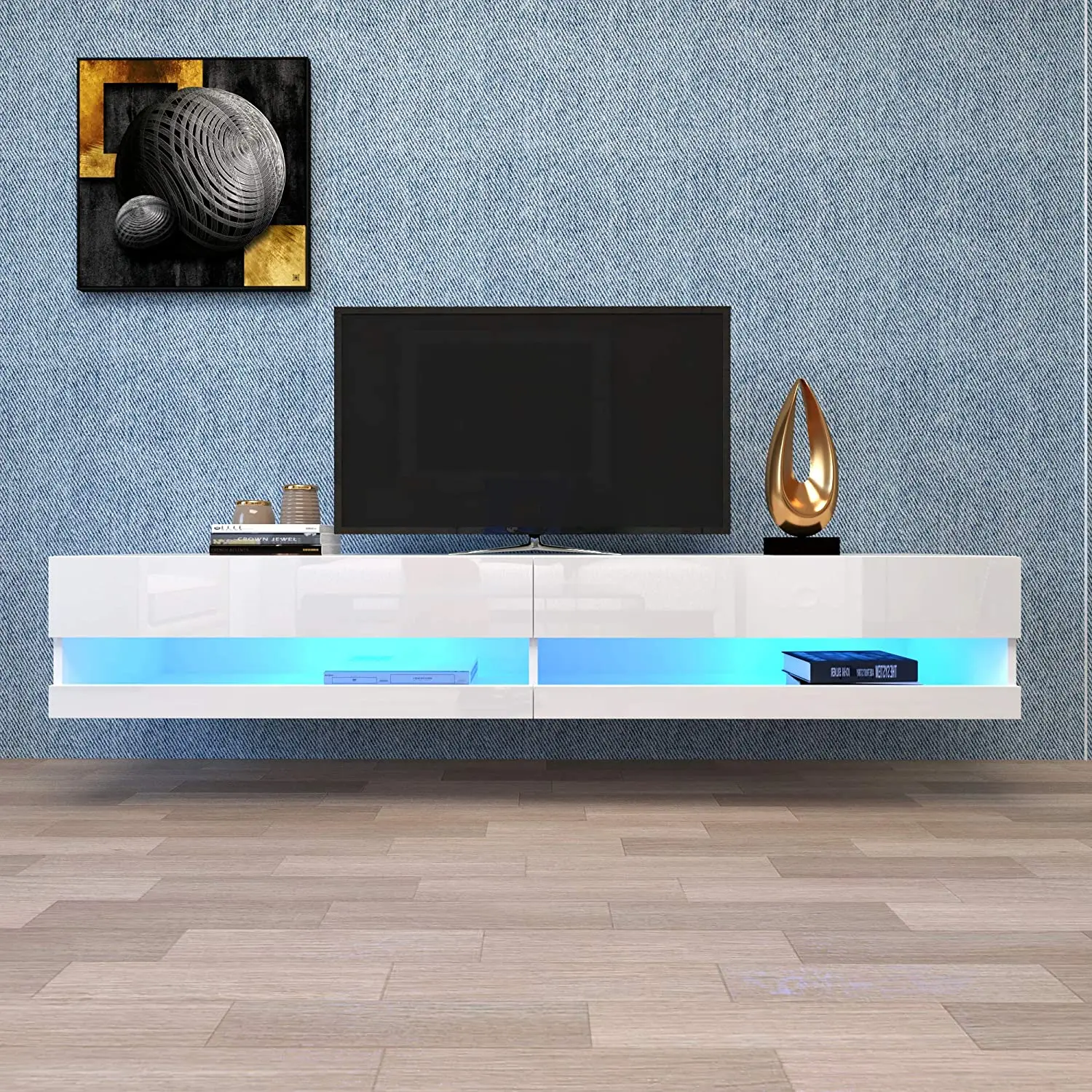 LED-TV-Schrank, TV-Lowboard in Weiß mit LED-Beleuchtung, TV-Tisch mit viel Stauraum für Ihr Wohnzimmer, 140 x 40 x 30,5 cm Image