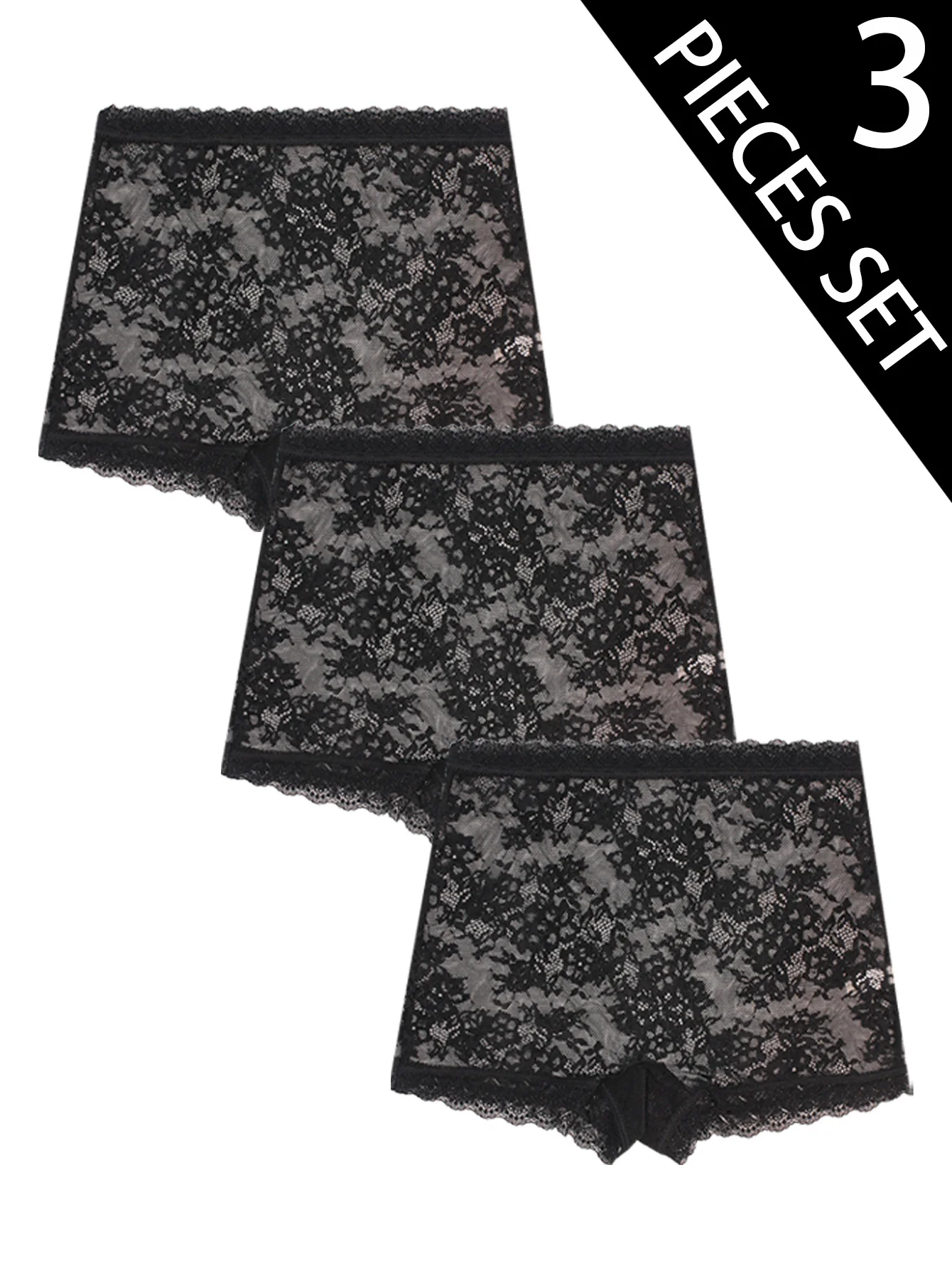 3er-Pack reiner schwarzer Spitzenbesatz Herbst Winter neuer Stil Sexy Damen-Slip Bequeme atmungsaktive Damen-Boxershorts Image