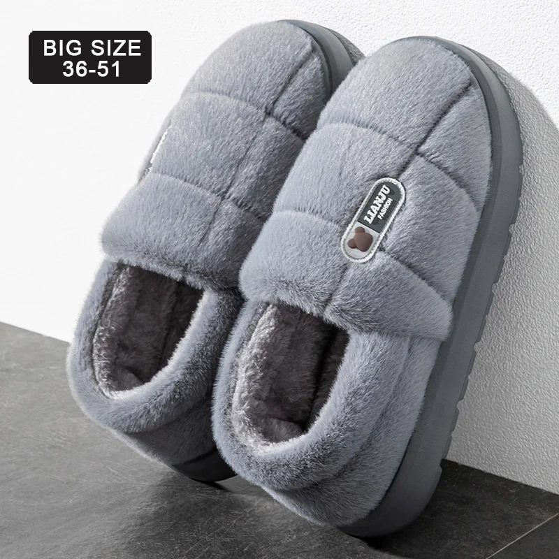 Männer hausschuhe Winter Einfarbig Wrap Heels Plüsch Hausschuhe Nicht-slip Warme Frauen Männer Hause Casual Baumwolle Schuhe große Größe 50 51