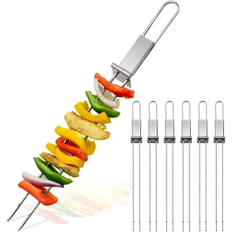 1PC Edelstahl Doppel Nadel Grill Spieße mit Selbst Push Platte Grill Gabeln Outdoor Home BBQ Zubehör Picknick Image